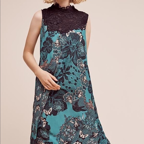 NWT Anthropologie Maeve Butterfly Lace Teal Sleeveless Swing Dress Size Small - Picture 3 of 13